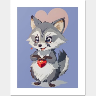 Cute Raccoon with Heart-Shaped Gift Posters and Art